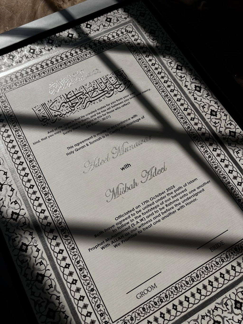 A4/A3 Luxury Nikkah Certificate, Islamic Wedding Contract/Marriage Certificate